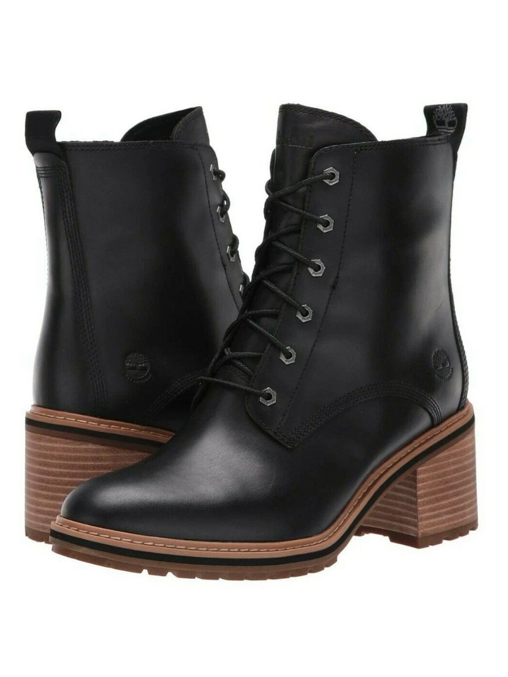 Timberland Women's Black Leather Lace-Up Siena Chunky Heel Ankle Boots 8.5